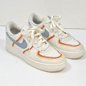 Nike Air Force 1 Low Sail Denim Swoosh Canvas Rainbow Trim Womens Sz 7.5